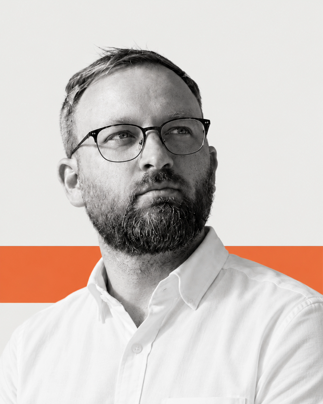 Black-and-white portrait of Stas Hrytsko with an orange stripe in the background